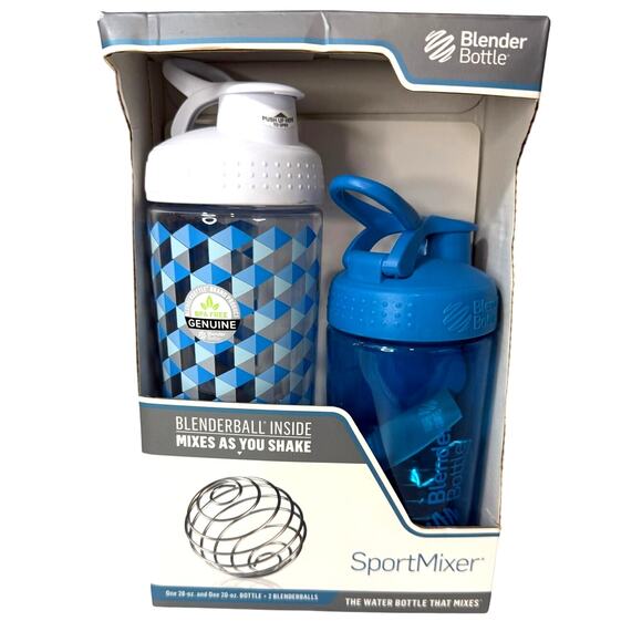 NIB 2 Pack BlenderBottle SportMixer 28oz & 20oz Blue Gray Shaker Cups w/ Balls - Picture 1 of 7